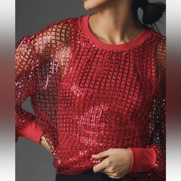 New Anthropologie Pilcro Long-Sleeve Sequin Top Raspberry S NWT - Picture 4 of 12